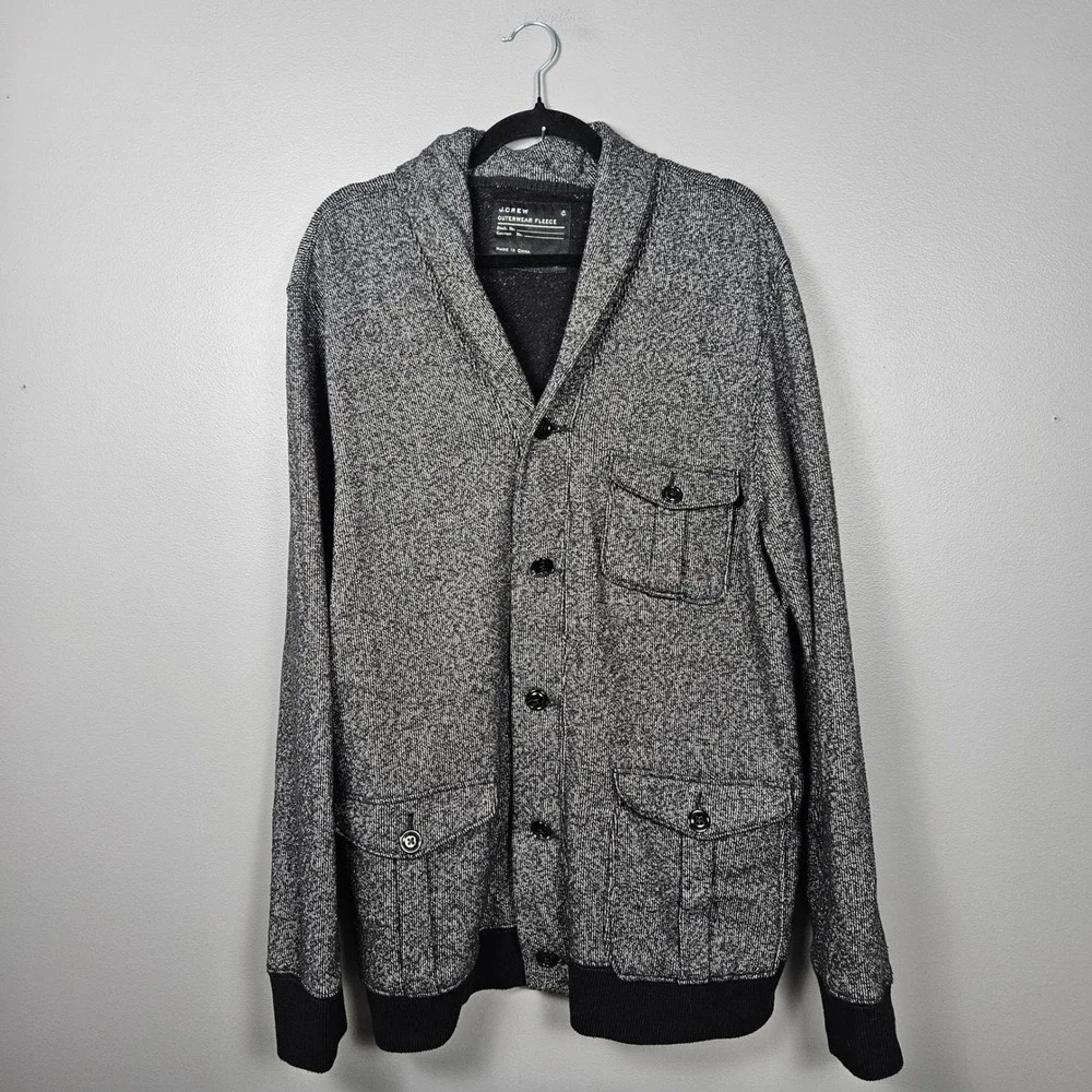 J.Crew Mens XL Shawl Collar Cardigan Sweater Fleece‎ Gray Black Button Pockets